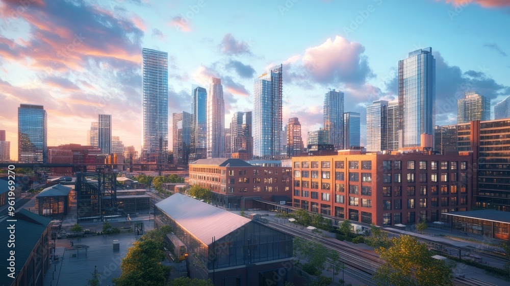 Obraz premium Modern Cityscape with Sunset and Railroad Tracks.