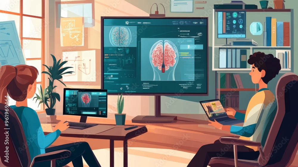Two People Working on Computer Screens with Brain Images. Two People Working on Computer Screens with Brain Images.