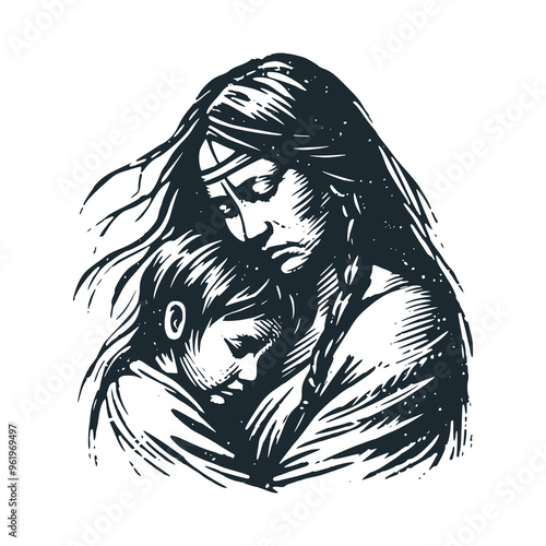 The logo of native indigenous mother with her child.. Black white vector illustration.
