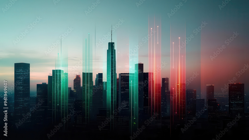 A cityscape overlaid with a weather heatmap, illustrating air quality data with green to red color gradients A cityscape overlaid with a weather heatmap, illustrating air quality data with green to red color gradients