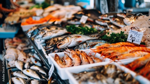 Sustainable seafood market with eco-labels photo