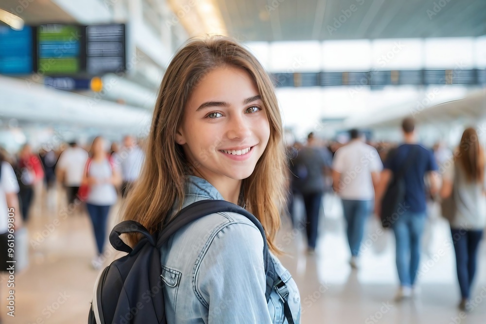 Beautiful young woman with a backpack, smiling and looking at the camera, walking in a busy airport with copy space. Beautiful young woman with a backpack, smiling and looking at the camera, walking in a busy airport with copy space.