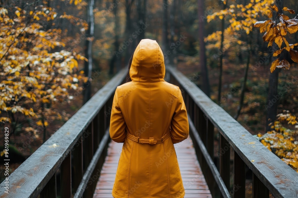 Woman in yellow hooded coat on wood bridge from behind Woman in yellow hooded coat on wood bridge from behind