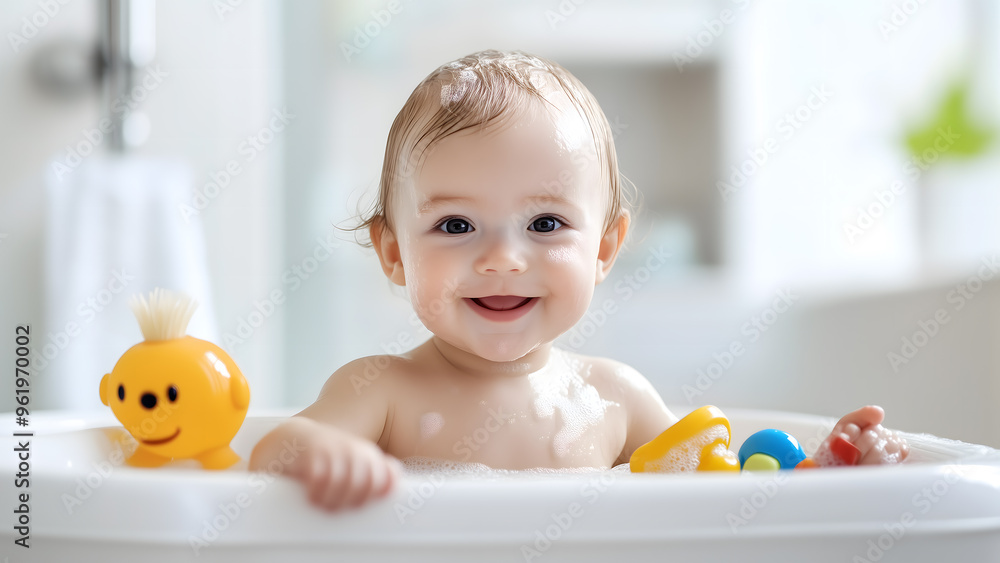 Cute little baby smiling and taking a bath in bathtub. Baby playing with toys in a bathtub. Baby hygiene concept