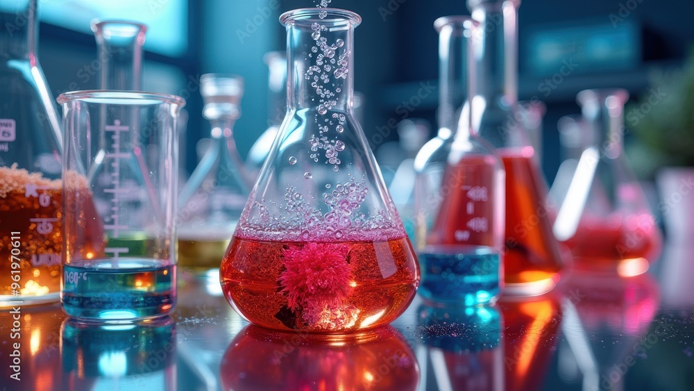 Vibrant laboratory scene with bubbling orange and red liquid in a central flask, surrounded by other glassware, illustrating the dynamic and fascinating nature of chemistry experiments. Vibrant laboratory scene with bubbling orange and red liquid in a central flask, surrounded by other glassware, illustrating the dynamic and fascinating nature of chemistry experiments.