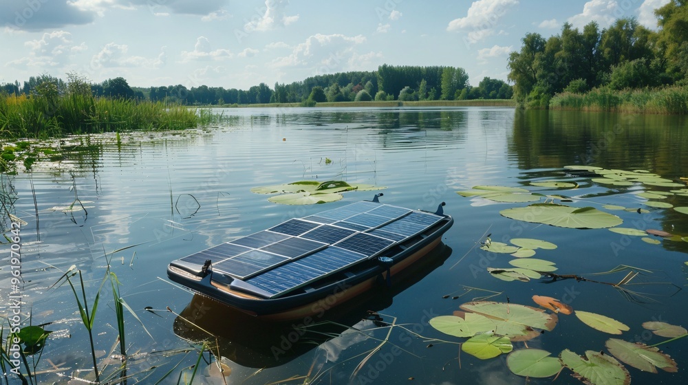 Solar Panel Boat Floating on a Tranquil Lake Solar Panel Boat Floating on a Tranquil Lake