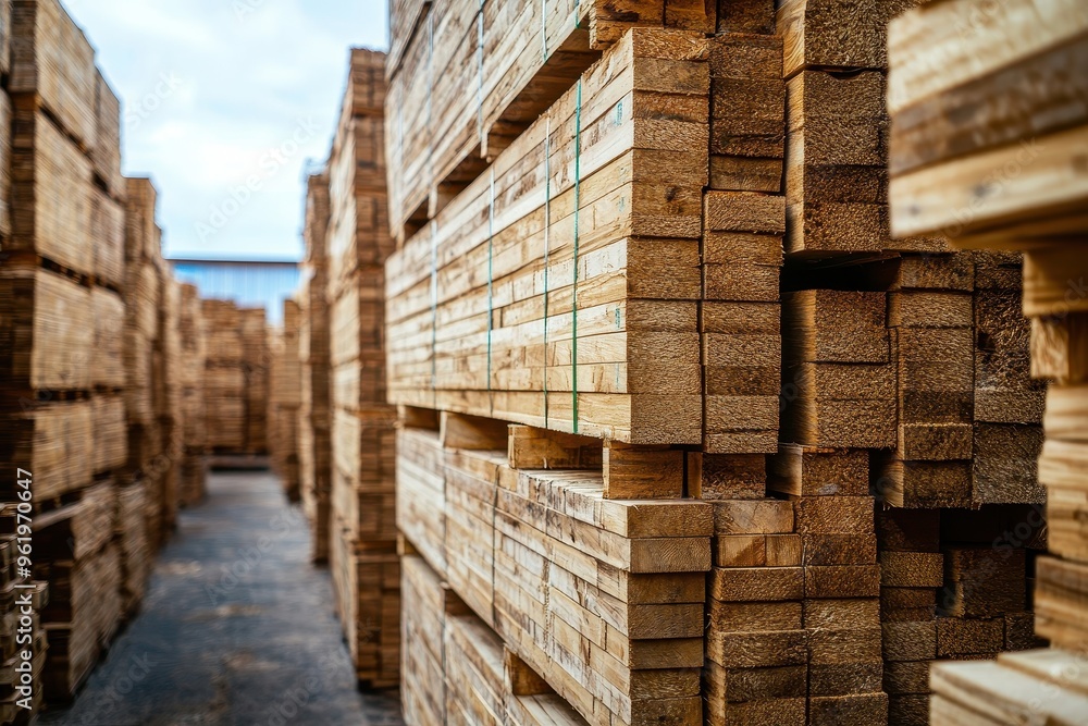 Fototapeta premium Wood planks stacked at lumber warehouse Timber air drying for construction industry