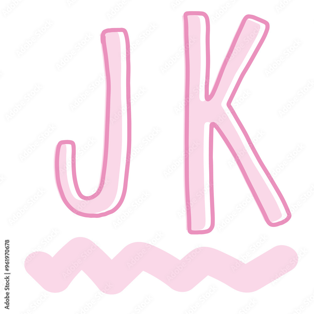 Obraz premium Illustration of JK letters in light pink for font, typography, text, message, girl's power, women empowerment, sticker, campaign badge, card, print, brooch, cute patches, alphabets, name design