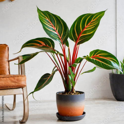 stromanthe triostar plant minimal modern pot living room with floral design indoor Stromanthe sanguinea 'Triostar' in a stylish home interior photo