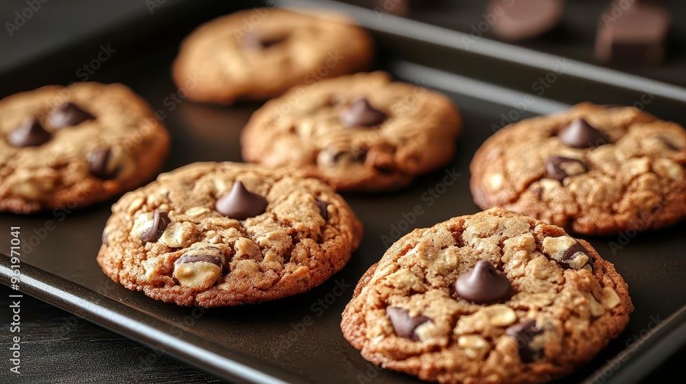 goldenbrown oatmeal chocolate chip cookies on rustic baking tray steam rising melty chocolate morsels warm lighting enhances homemade appeal irresistible comfort food goldenbrown oatmeal chocolate chip cookies on rustic baking tray steam rising melty chocolate morsels warm lighting enhances homemade appeal irresistible comfort food