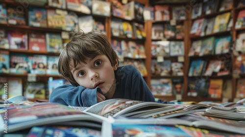 Young Boy Lost in a World of Books