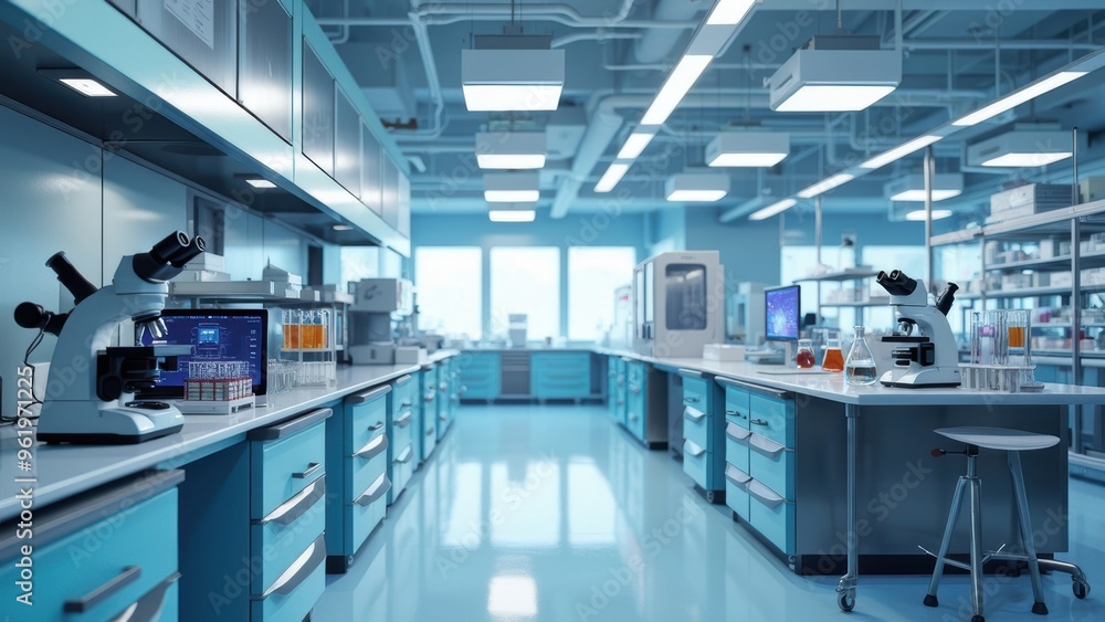 Modern research laboratory featuring high-tech equipment, digital screens, and microscopes, highlighting the precision and innovation in contemporary scientific studies. Modern research laboratory featuring high-tech equipment, digital screens, and microscopes, highlighting the precision and innovation in contemporary scientific studies.
