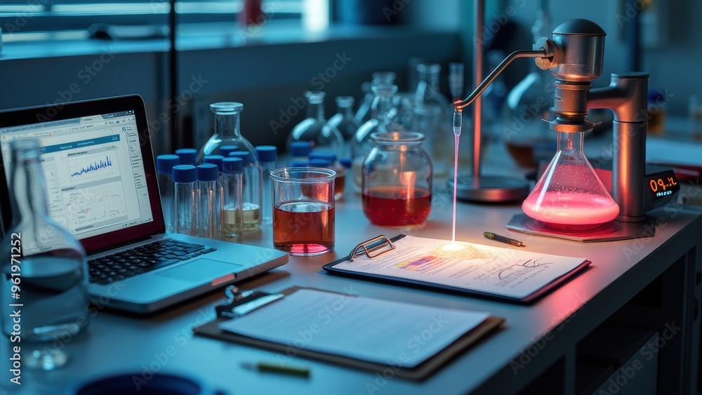 Naklejka premium Modern laboratory setup with high-tech instruments, colorful chemical solutions, and a laptop displaying experimental data, showcasing a professional and organized research space.