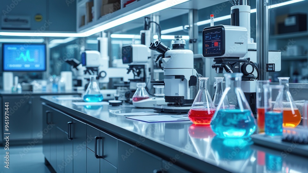 A state-of-the-art laboratory equipped with advanced scientific instruments and technology, showcasing a clean, organized, and professional environment for cutting-edge research and experimentation. A state-of-the-art laboratory equipped with advanced scientific instruments and technology, showcasing a clean, organized, and professional environment for cutting-edge research and experimentation.