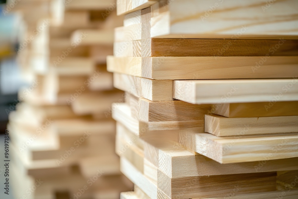 Wooden edge glued panels stacked in workshop for furniture production Close up Wooden edge glued panels stacked in workshop for furniture production Close up