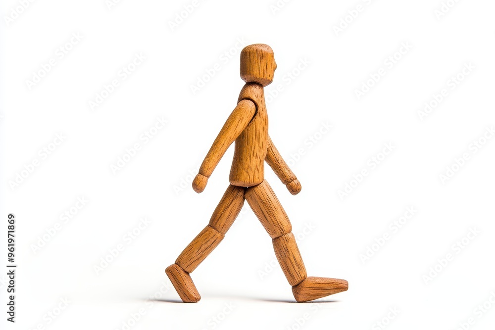 Wooden figure moving on white surface Wooden figure moving on white surface