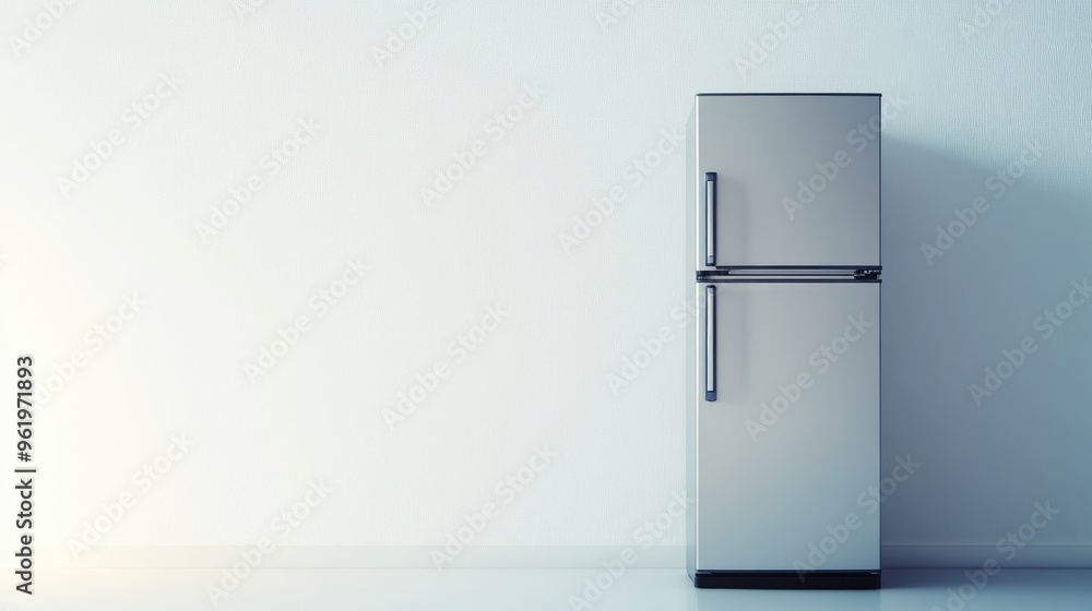 Stylish silver refrigerator in a minimalist design, set against a clean white background, emphasizing modern freshness and functionality Stylish silver refrigerator in a minimalist design, set against a clean white background, emphasizing modern freshness and functionality
