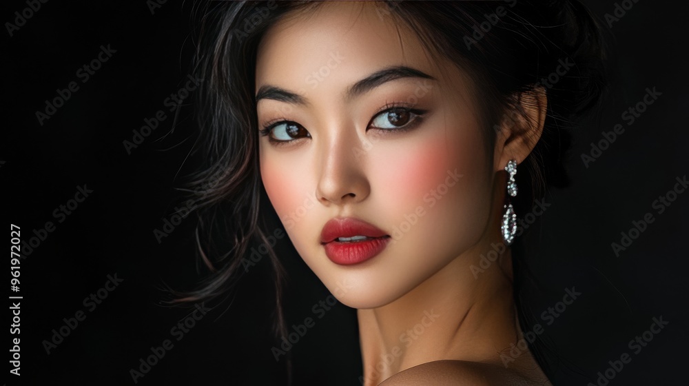 A close-up portrait of a beautiful woman showcasing elegant makeup and stunning accessories against a dark backdrop. A close-up portrait of a beautiful woman showcasing elegant makeup and stunning accessories against a dark backdrop.