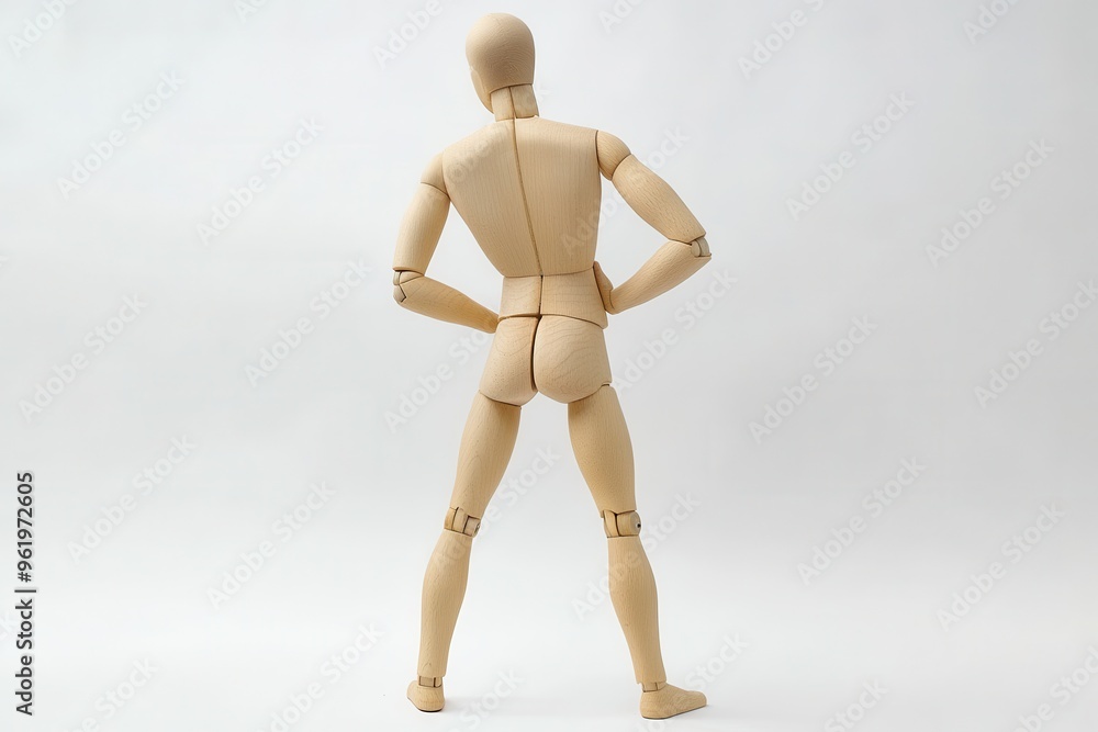 Wooden male mannequin with back pain on white background Wooden male mannequin with back pain on white background