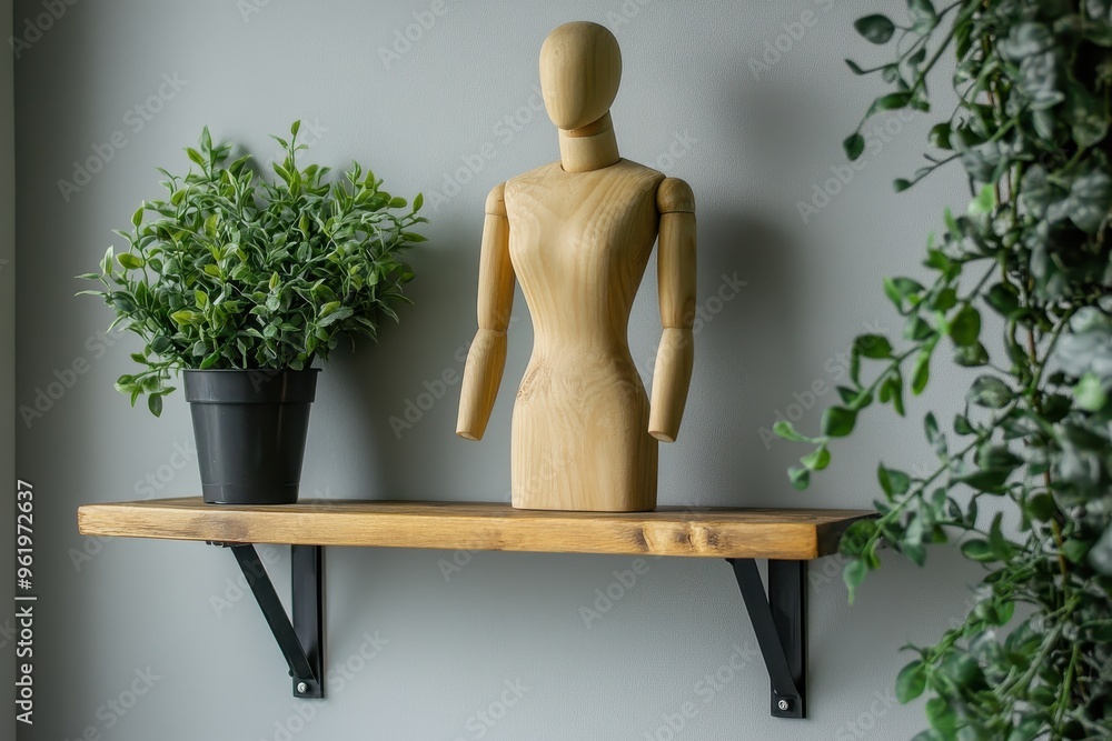 Wooden mannequin and houseplants on shelf in room Wooden mannequin and houseplants on shelf in room