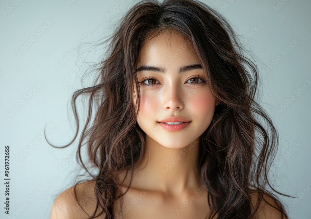 A young woman with natural makeup and wavy hair smiles softly against a neutral background, ideal for beauty, skincare, or fashion advertisements, A young woman with natural makeup and wavy hair smiles softly against a neutral background, ideal for beauty, skincare, or fashion advertisements,