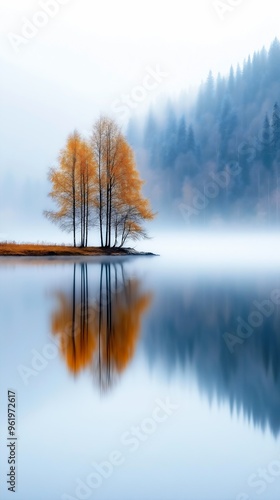 trees standing deep foggy sky amazing professional two color inspiring yellow blue mirroring silent echo turbulent lake radiate connection stunningly