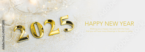 Happy New Year 2025 golden numbers on celebration background With a Happy New Year message Complete luxurious lighting Happy new year concept, Christmas, celebration season.