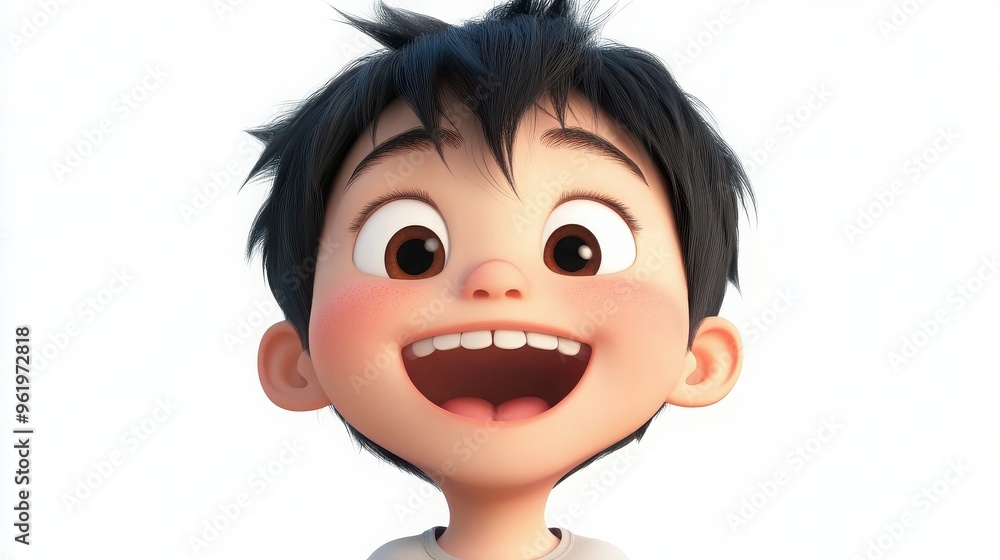 A 3D cartoon Asian child with a bright smile, eyes wide with excitement and joy, on a white background A 3D cartoon Asian child with a bright smile, eyes wide with excitement and joy, on a white background