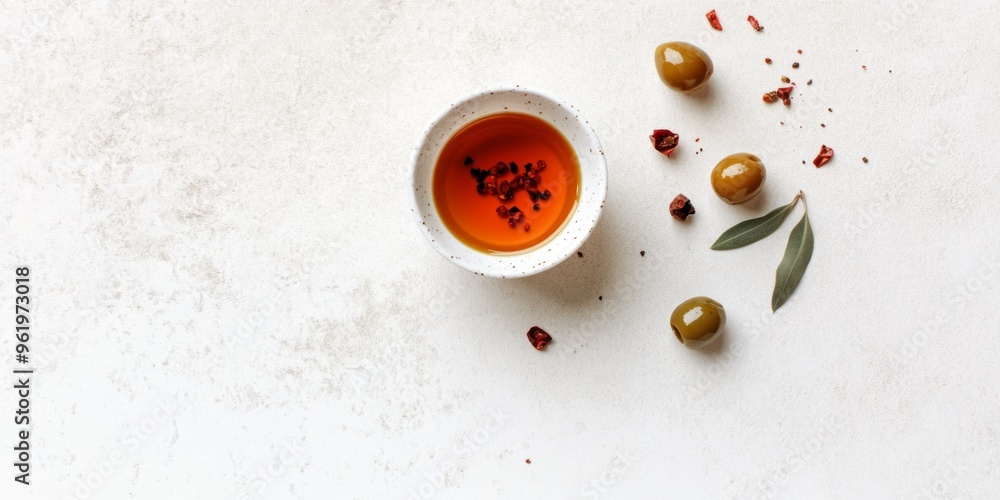 banner flat lay view image of a small bowl of olive chili oil banner flat lay view image of a small bowl of olive chili oil