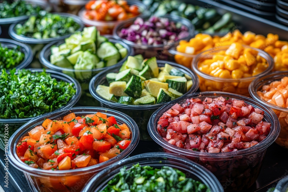A vibrant array of freshly chopped vegetables in clear bowls, perfect for a salad bar or meal preparation concept
