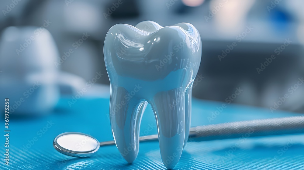 Close-up of tooth model and dental mirror on blue background ...