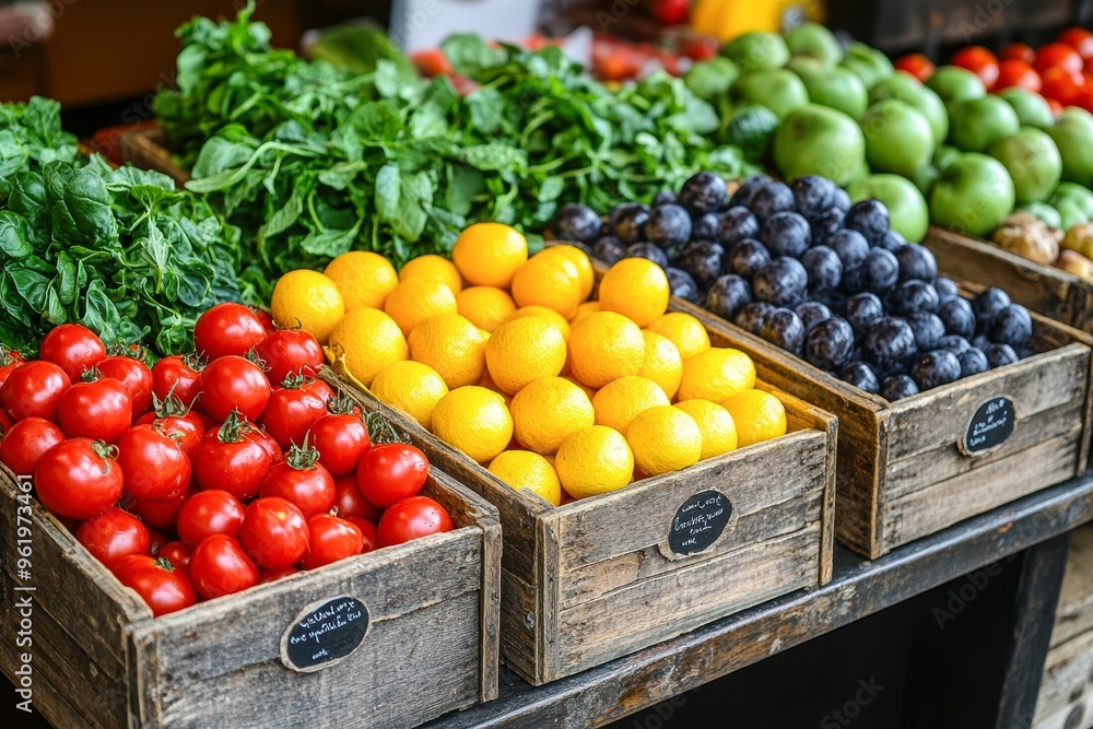 Vibrant display of fresh tomatoes, lemons, plums, and greens in rustic wooden crates at a farmers market, perfect for promoting healthy eating, local produce, and organic food, Vibrant display of fresh tomatoes, lemons, plums, and greens in rustic wooden crates at a farmers market, perfect for promoting healthy eating, local produce, and organic food,