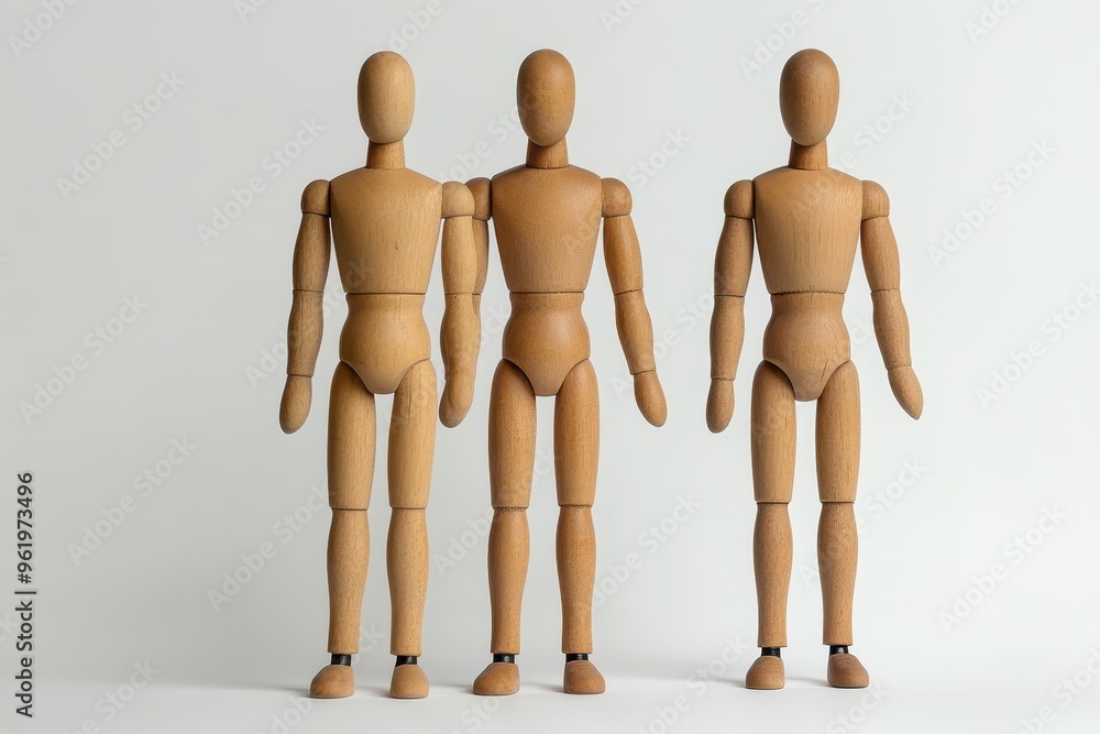 Wooden mannequins posing on white background Wooden mannequins posing on white background