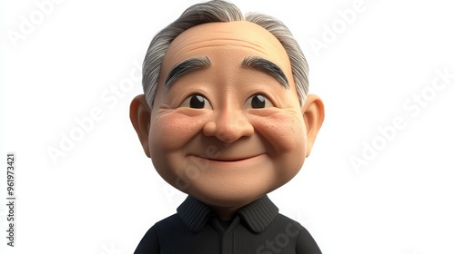 A 3D cartoon Asian elderly man with a warm, grandfatherly smile, with wrinkles showing a life well-lived, on a white background  photo