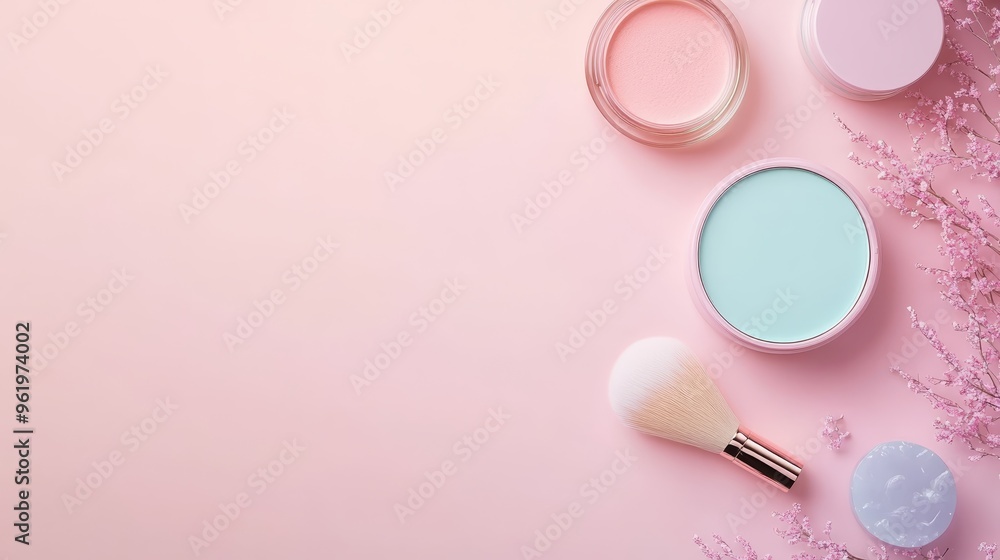 Pink and Blue Cosmetic Products with Flowers on Pink Background Pink and Blue Cosmetic Products with Flowers on Pink Background
