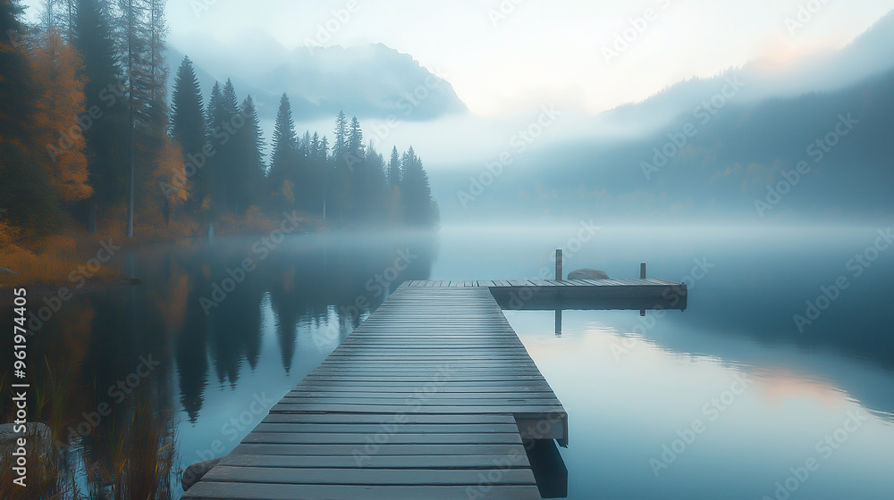 Tranquil, misty lake, surrounded by mountains, serene, high quality, photorealistic, reflection, peaceful, morning fog, autumn colors Tranquil, misty lake, surrounded by mountains, serene, high quality, photorealistic, reflection, peaceful, morning fog, autumn colors