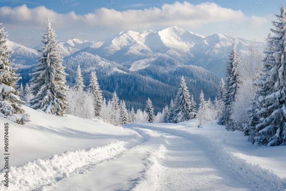Snowy Mountain Path Winding Through Fir Trees Snowy Mountain Path Winding Through Fir Trees