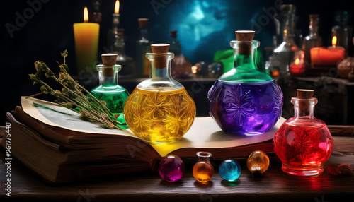  Mystical Halloween scene with colorful potions and a spell book. _1(710)