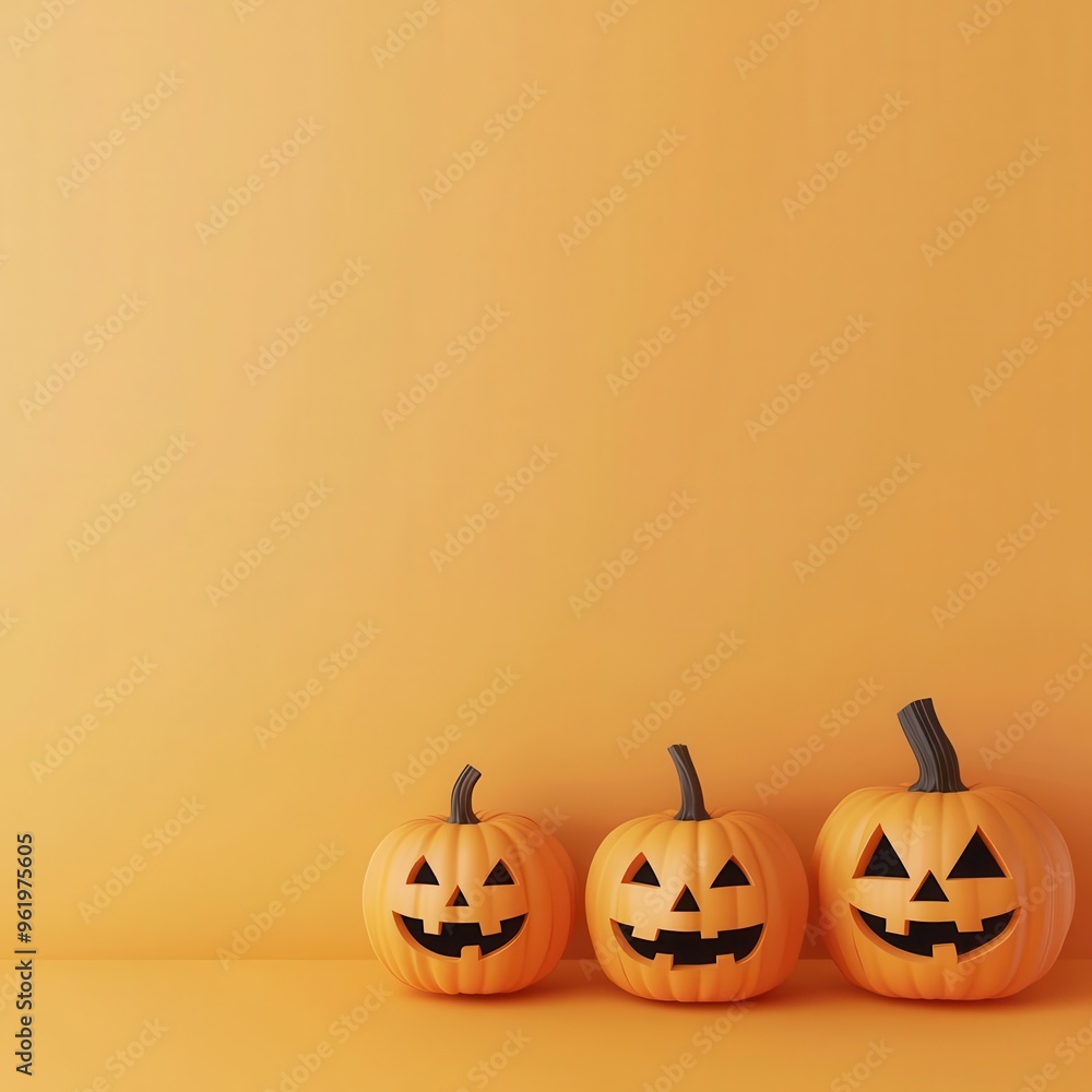 Halloween pumpkins, carved with faces, 3D illustration, copy space for text, Halloween pumpkins, carved with faces, 3D illustration, copy space for text,