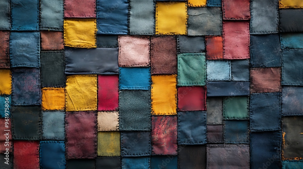 Patch work with different garment with visible sewing thread. Patch work with different garment with visible sewing thread.