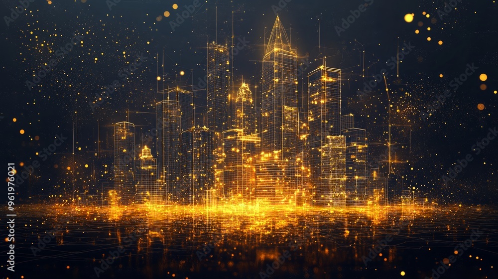 Fototapeta premium Low poly illustration of the metropolis with a golden dust effect. Sparkle stardust. Glittering vector with gold particles on dark background. Polygonal wireframe of city from dots and lines.