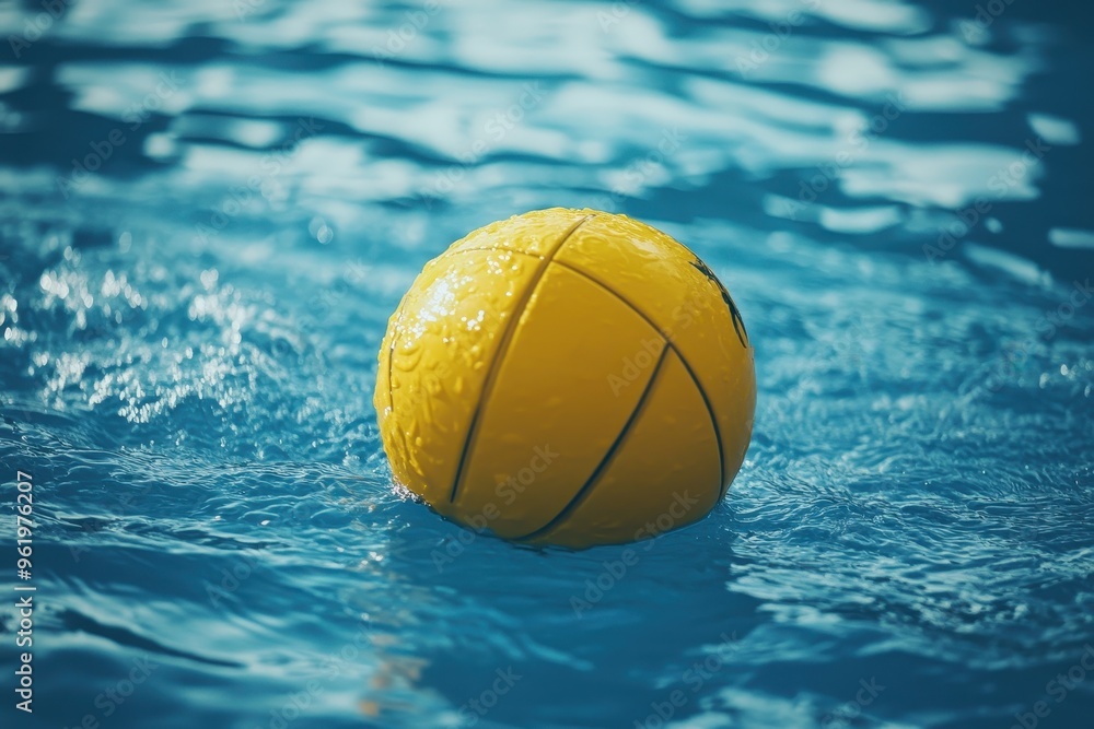 Yellow water polo ball against blue water background Yellow water polo ball against blue water background
