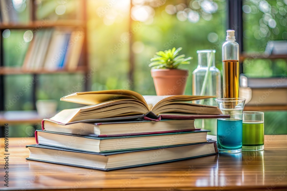 Fototapeta premium Books on wooden table with greenery background and bright sunlight