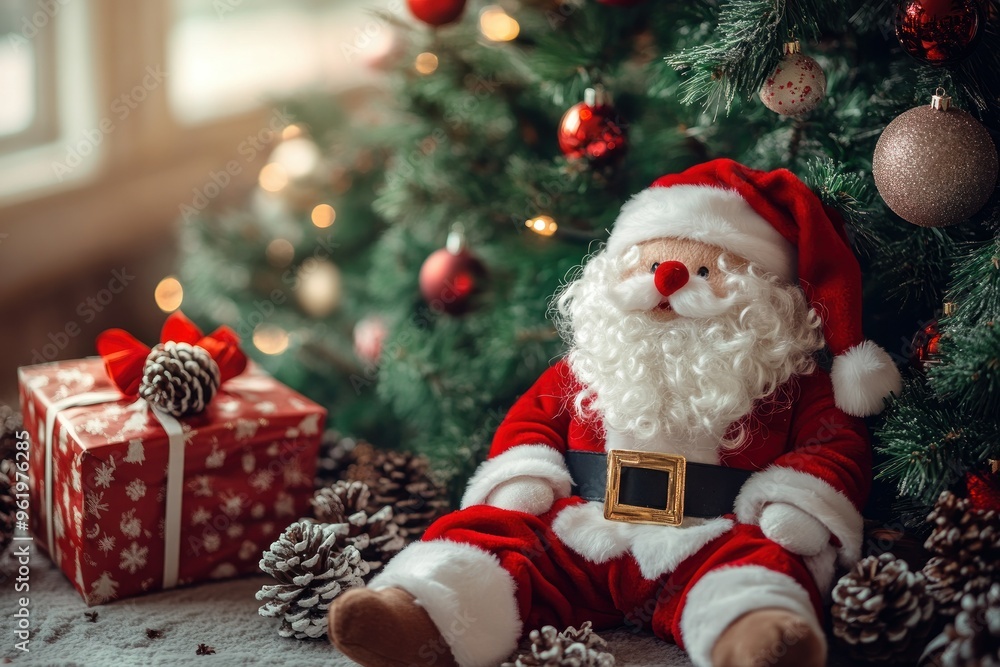 Santa Claus Figurine Under Christmas Tree with Gift and Pine Cones Santa Claus Figurine Under Christmas Tree with Gift and Pine Cones