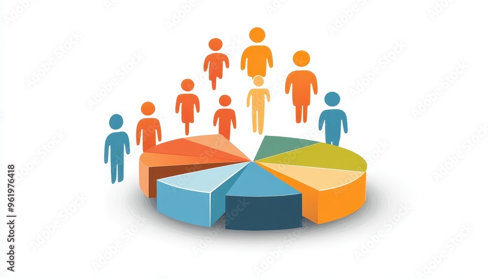 Obraz premium A pie chart divided into seven sections with people standing around it, representing demographics or market share.