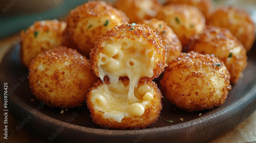 indulgent comfort food goldenbrown crispy mac and cheese bites oozing with melted cheese closeup shot highlights irresistible texture and gooey center