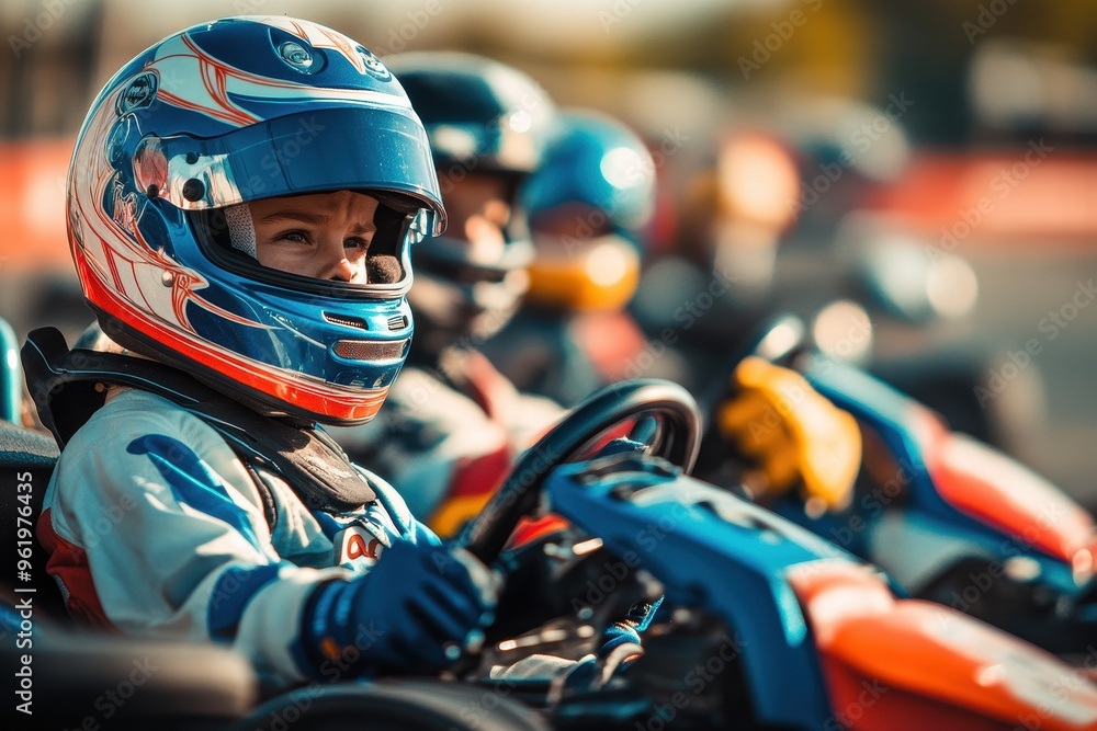 Young adults racing go karts at a track Young adults racing go karts at a track