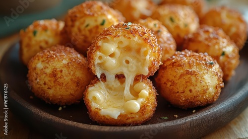 Obraz na płótnie indulgent comfort food goldenbrown crispy mac and cheese bites oozing with melted cheese closeup shot highlights irresistible texture and gooey center w salonie