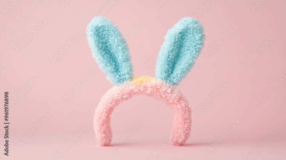 Soft pastel bunny ears headband for children against a pink background.