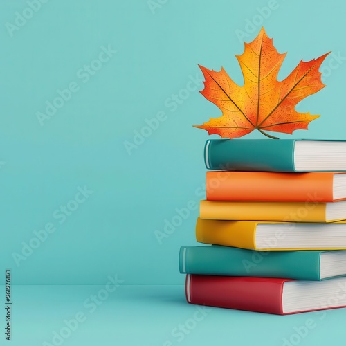 Stack of books, with a fall leaf bookmark, 3D illustration, copy space for text, photo